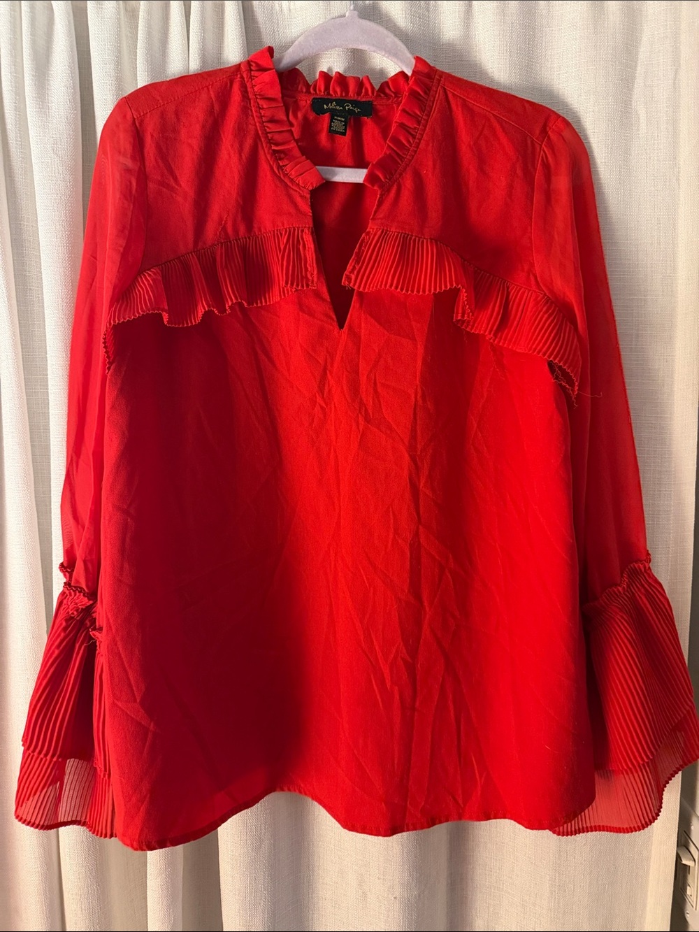 Violet & Claire Vibrant Red Ruffle-Trim V-Neck Blouse